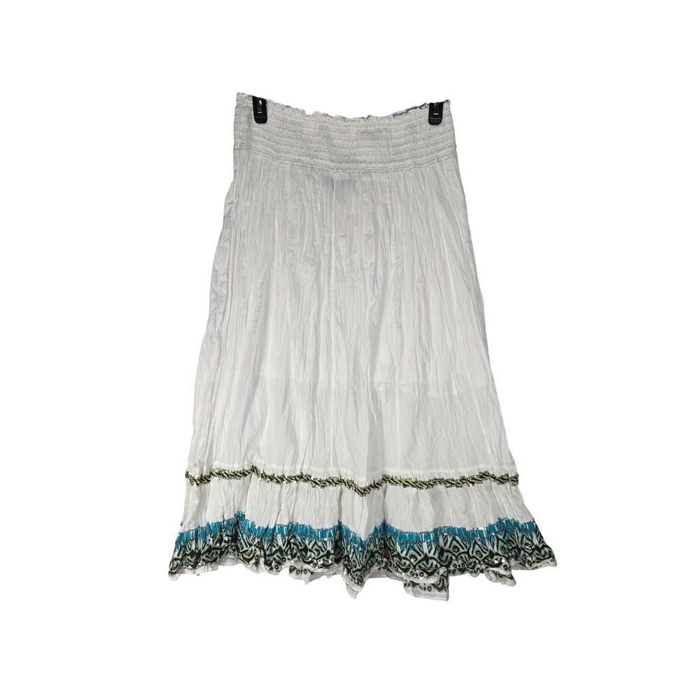 Lane Bryant Skirt Womens 14/16 Midi-Maxi White Smocked Sequin Boho EUC